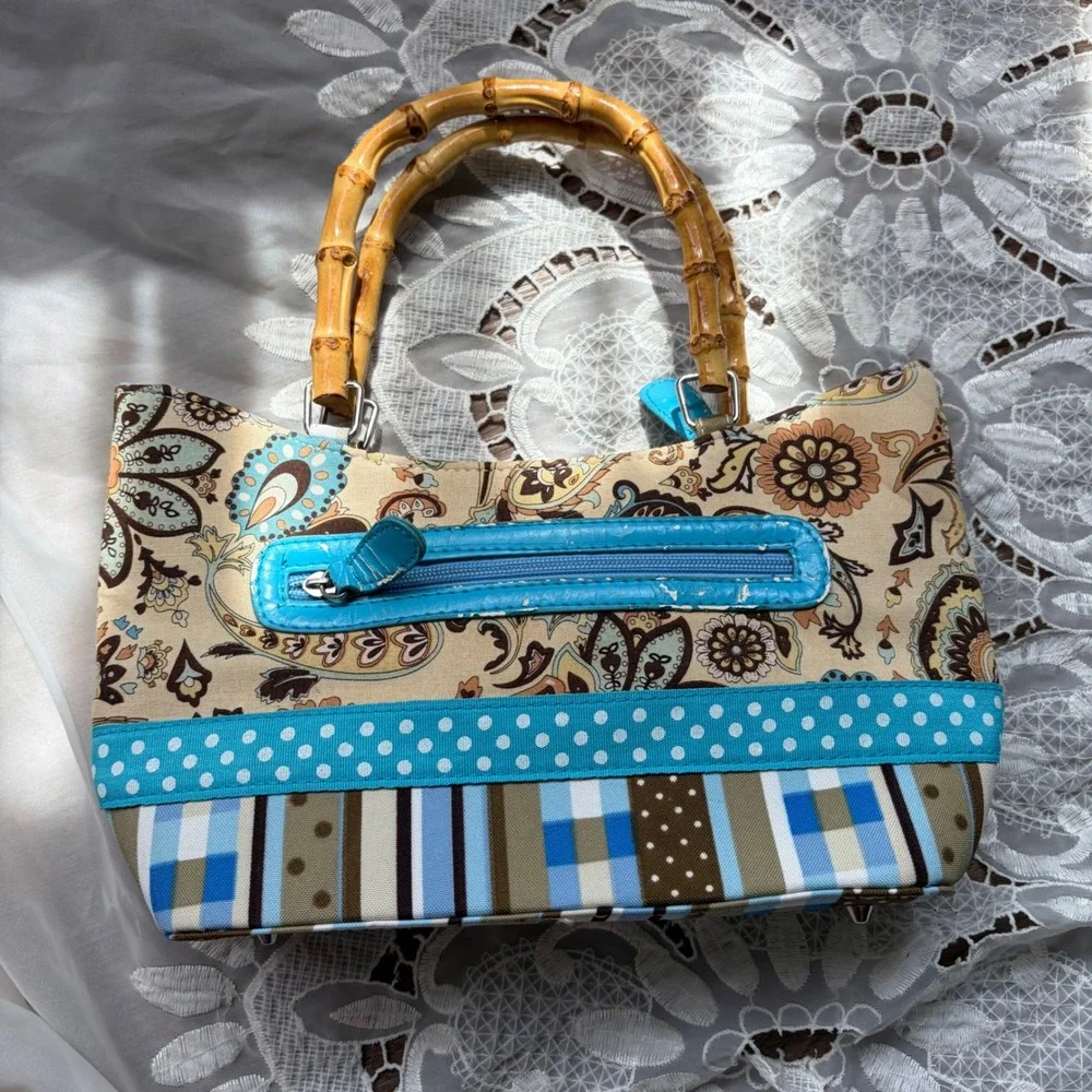 Y2K Coquette Paisley Polka Dot Bamboo Handle Satchel Bag with Wristlet Blue Tan
